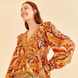 Farm Rio Yellow Palms Party Ruffle Blouse NWT MSRP 190